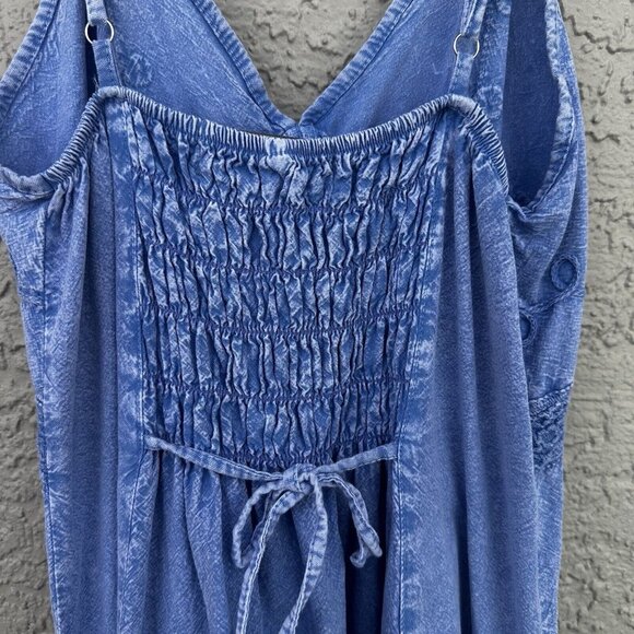 VTG Giocam Blue Embroidered Floral Midi Dress Frayed Hem Ruching V Neck Med - Picture 5 of 9